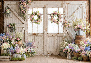 Kate Spring Rustic Barn Doors Pastel Floral Arrangements Printed Backdrop Designed by Emetselch