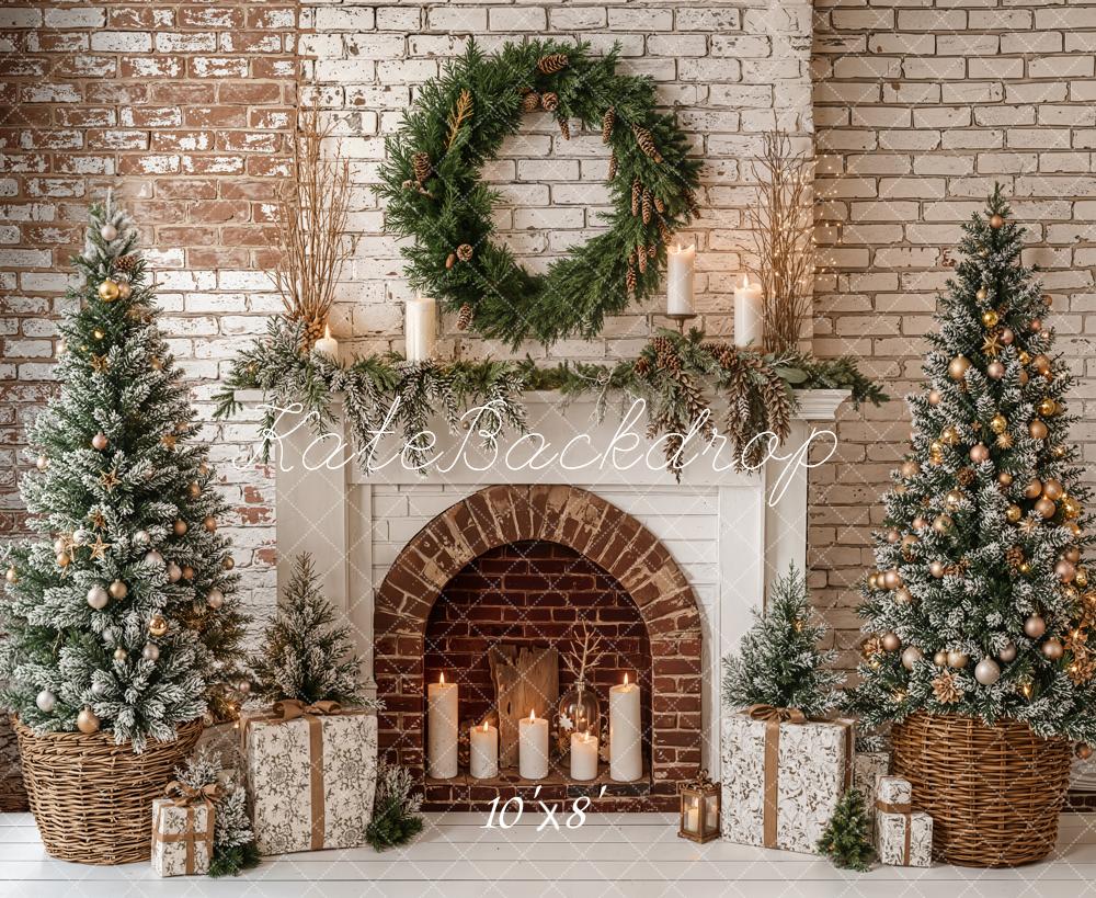 Kate Christmas Fireplace Tree Wreath Brick Wall Printed Backdrop Designed by Emetselch