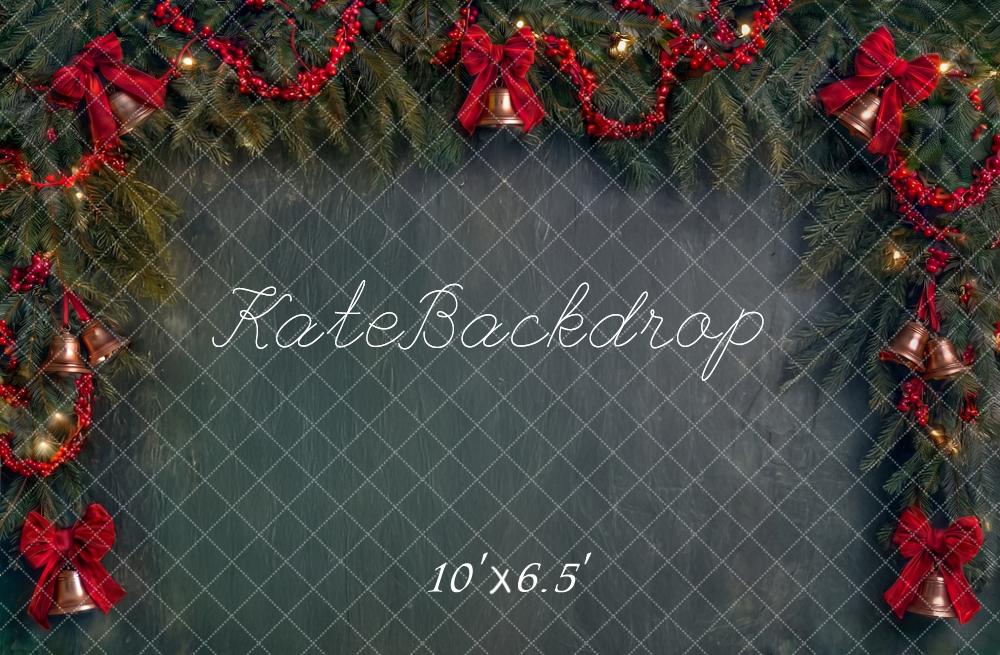 Kate Christmas Evergreen Garland Red Bows Bells Printed Backdrop Designed by Angela Miller