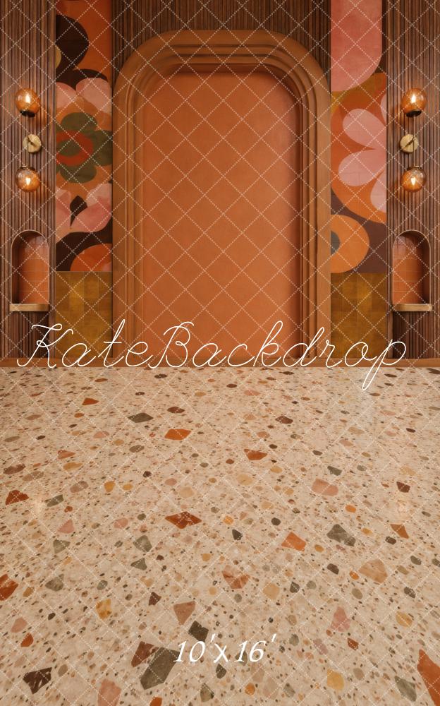 Kate Sweep Retro Seventies Orange Terrazzo Floral Arch Printed Backdrop Designed by Vertigo Productions