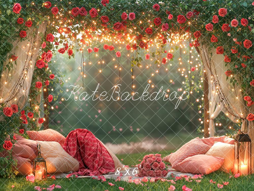 Kate Valentines Rose Arch Cozy Pillows Garden Fairy Lights Backdrop Designed by Emetselch