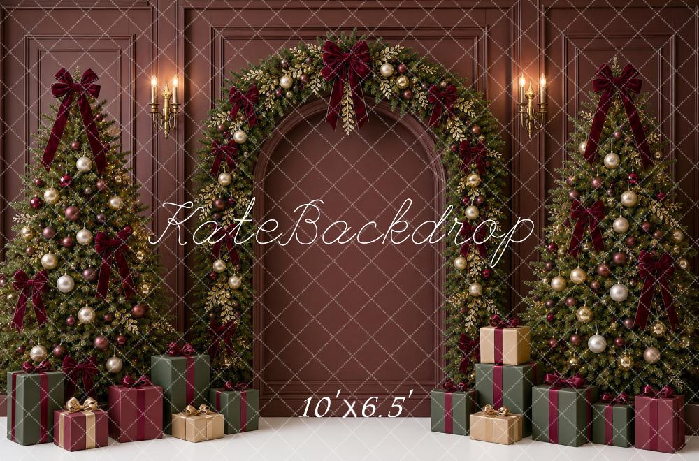 Kate Christmas Burgundy Garland Arch Trees Bow Gifts Printed Backdrop Designed by Shutter Swan Studios