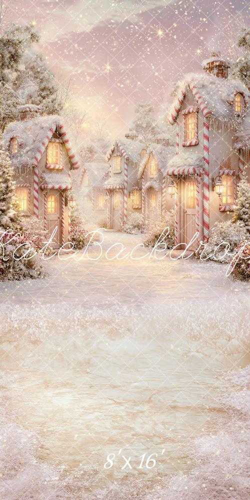 Kate Sweep Christmas Candy House Snowy Village Printed Backdrop Designed by Angela Miller
