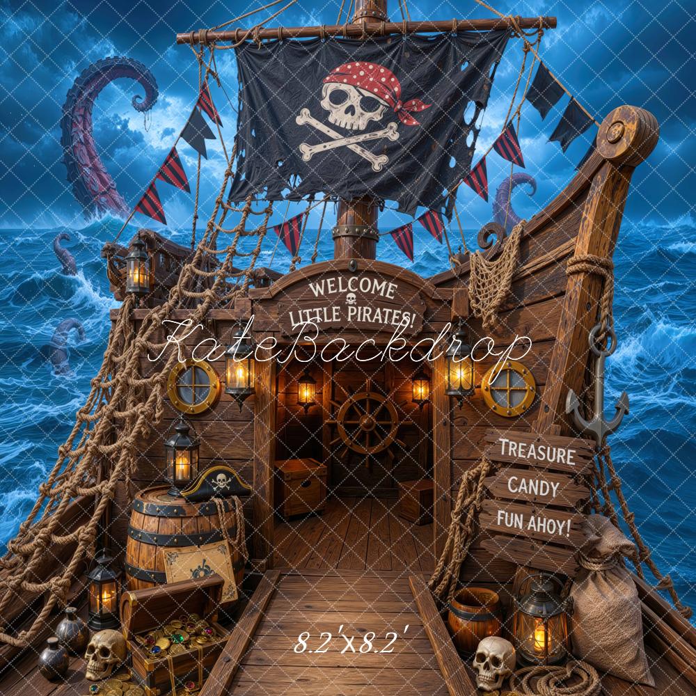 Kate Halloween Trunk or Treat Pirate Ship Treasure Skull Ocean Printed Backdrop Designed by Mini MakeBelieve