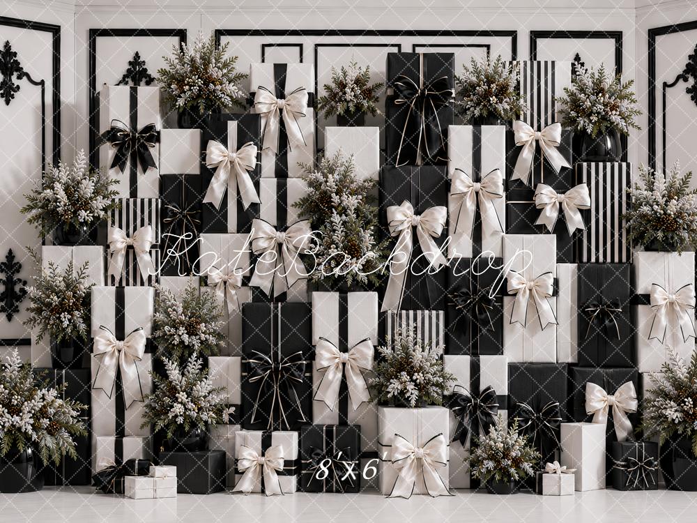 Kate Black White Gift Box Floral Wall Printed Backdrop Designed by Ashley Paul