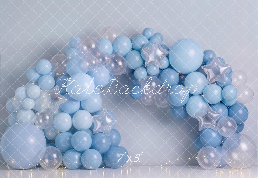 Kate Cake Smash Blue Balloon Arch with Clear Balloons and Silver Stars Printed Backdrop Designed by Emetselch