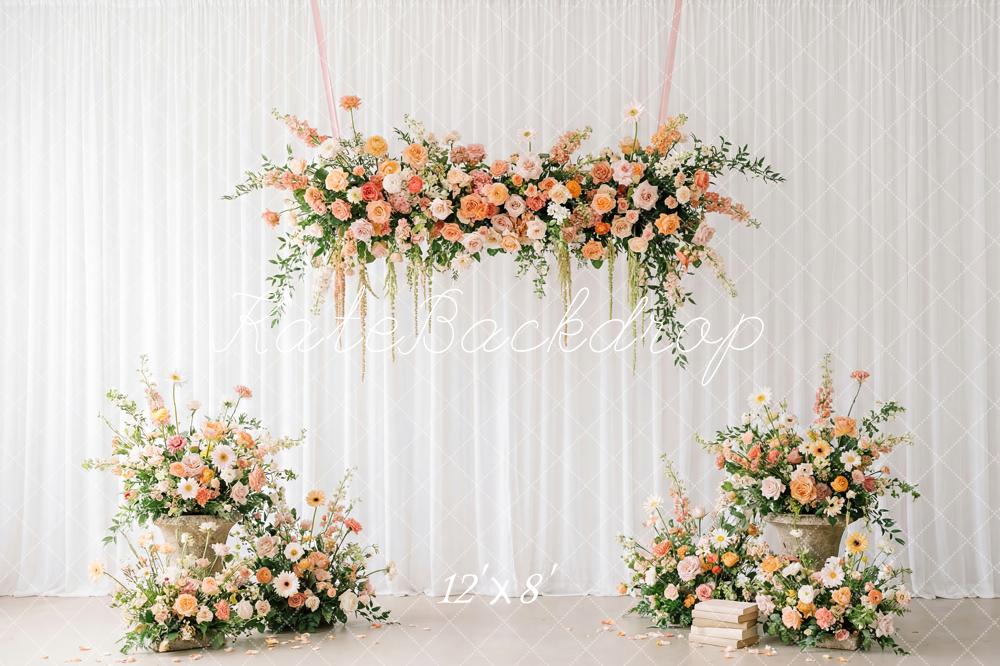Kate Spring Flower Arch Peach and White Floral Arrangement Printed Backdrop Designed by Patty Roberts