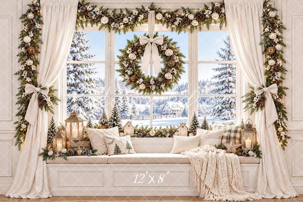 Kate Christmas Bay Window Wreath Garland White Curtains Printed Backdrop Designed by Emetselch