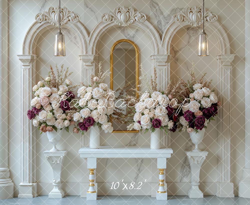 Kate Flower Arch Marble Columns Floral Vases Mirror Backdrop Designed by Mini MakeBelieve