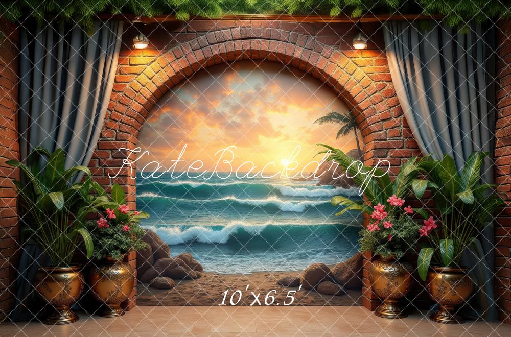 Kate Summer Brick Arch Beach Sunset Ocean Waves Printed Backdrop Designed by Laura Bybee