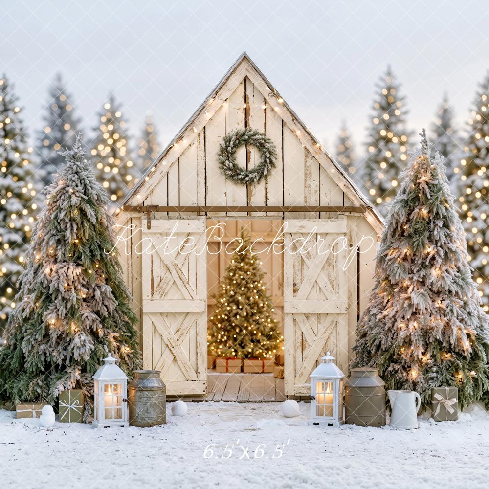 Kate Christmas Rustic White Barn Snowy Forest Lanterns Printed Backdrop Designed by Emetselch