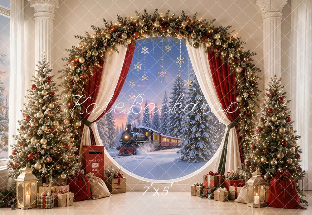 Kate Christmas Polar Train Garland Decorated Trees Red Curtains Printed Backdrop Designed by Emetselch