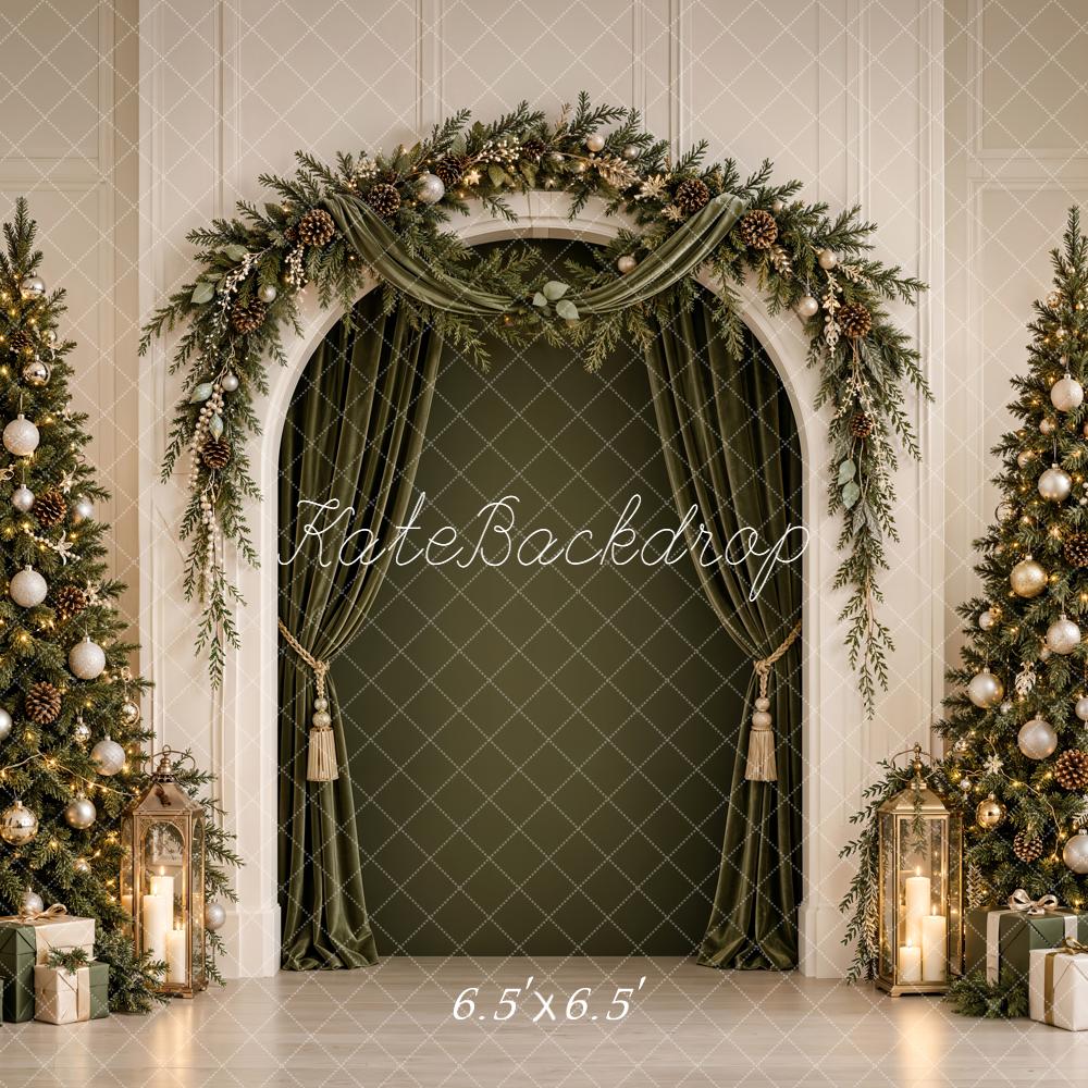 Kate Christmas Evergreen Garland Arch Twin Trees Green Printed Backdrop Designed by Emetselch