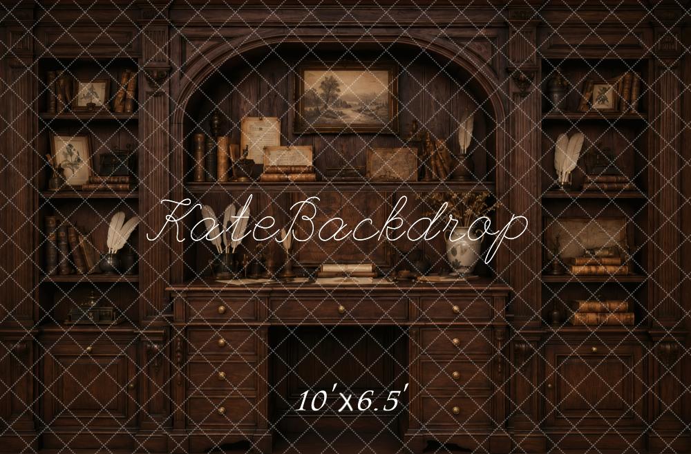 Kate Vintage Dark Wood Bookshelves Desk Cabinet Printed Backdrop Designed by Vertigo Productions