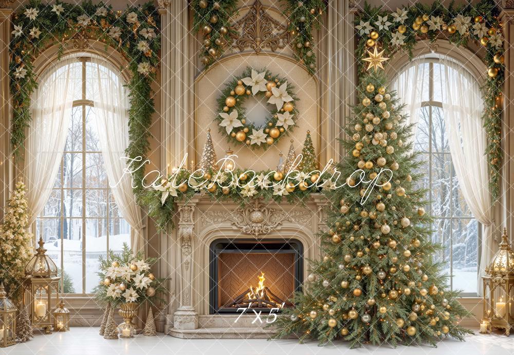 Kate Christmas Tree Fireplace Wreath Garland Arched Window Printed Backdrop Designed by Mini MakeBelieve
