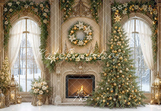 Kate Christmas Tree Fireplace Wreath Garland Arched Window Printed Backdrop Designed by Mini MakeBelieve
