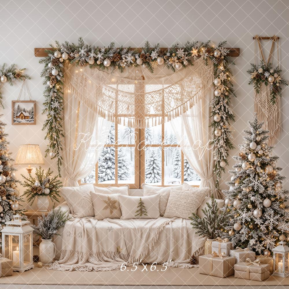 Kate Christmas Boho Cozy Living Room Trees Snow Window Printed Backdrop Designed by Emetselch