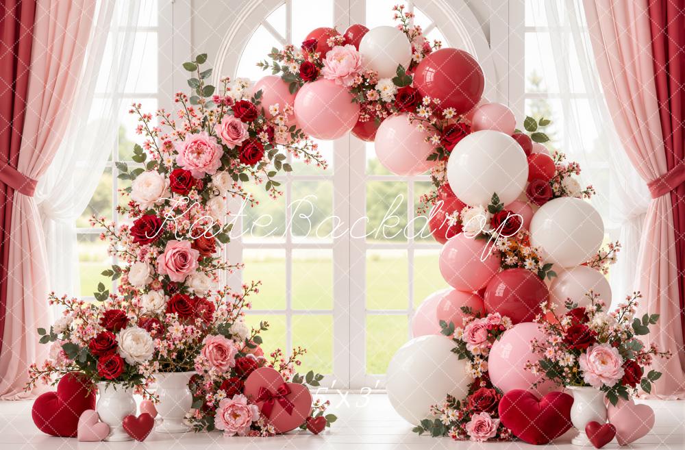 Kate Valentine's Day Floral Balloon Arch Window Curtains Roses Printed Backdrop Designed by Emetselch