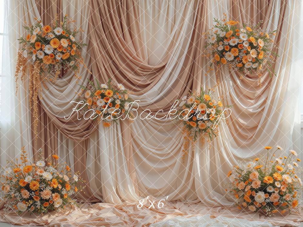 Kate Fall Beige Draped Curtains Orange Flower Printed Backdrop Designed by Mini MakeBelieve