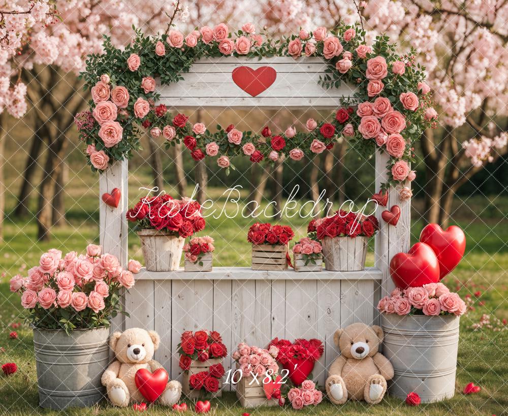 Kate Valentine's Day Flower Arch Pink Roses Heart Balloons Teddy Bears Backdrop Designed by Emetselch