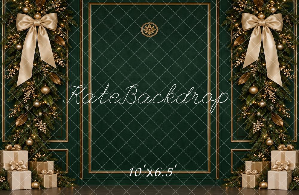 Kate Christmas Green Gold Garland Bows Gifts Printed Backdrop Designed by Vertigo Productions