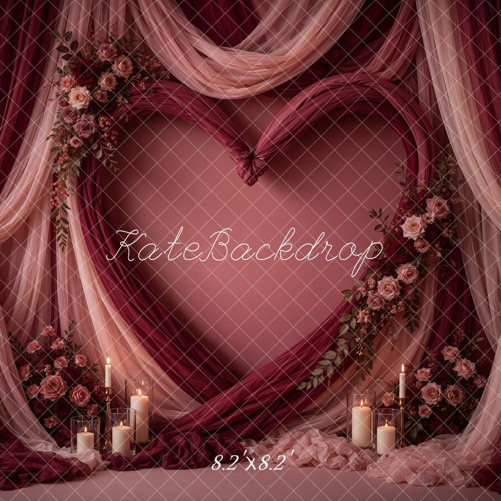 Kate Valentine's Day Burgundy Drapes Floral Heart Cozy Printed Backdrop Designed by Ashley Ward