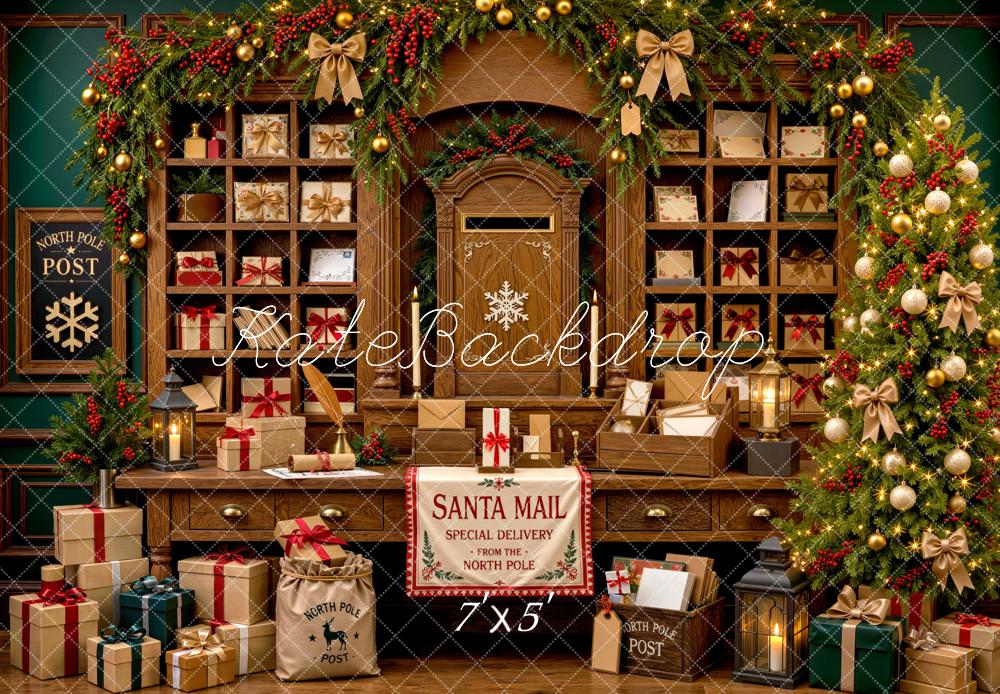 Kate Christmas Post Office Gifts Tree Shelves Printed Backdrop Designed by Mini MakeBelieve