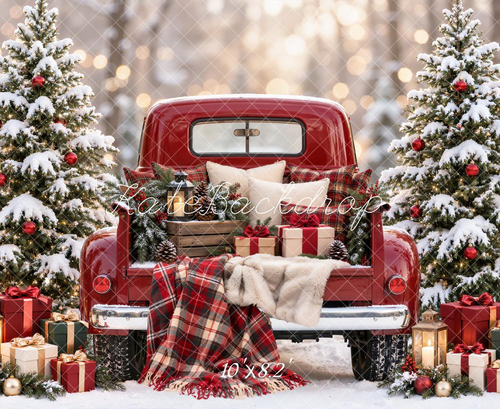Kate Christmas Red Vintage Truck Snowy Trees Plaid Blanket Printed Backdrop Designed by Emetselch