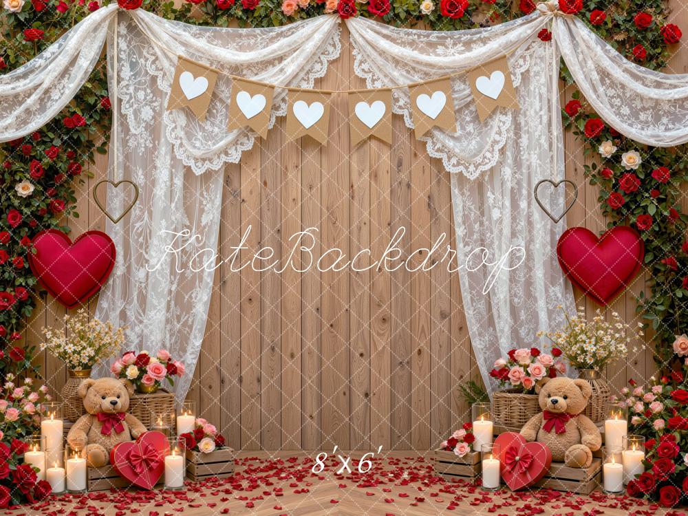 Kate Valentine's Day Wood Door Rose Heart Lace Printed Backdrop Designed by Mini MakeBelieve