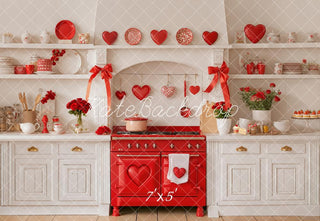 Kate Valentine's Day Kitchen Red Hearts Roses Printed Backdrop Designed by Emetselch