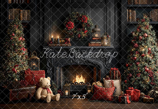 Kate Christmas Vintage Fireplace Wreath Trees Gifts Bookshelves Printed Backdrop Designed by Emetselch