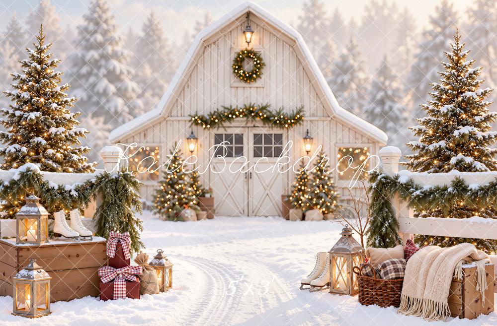 Kate Christmas Snowy White Barn Pine Trees Farmhouse Printed Backdrop Designed by Emetselch
