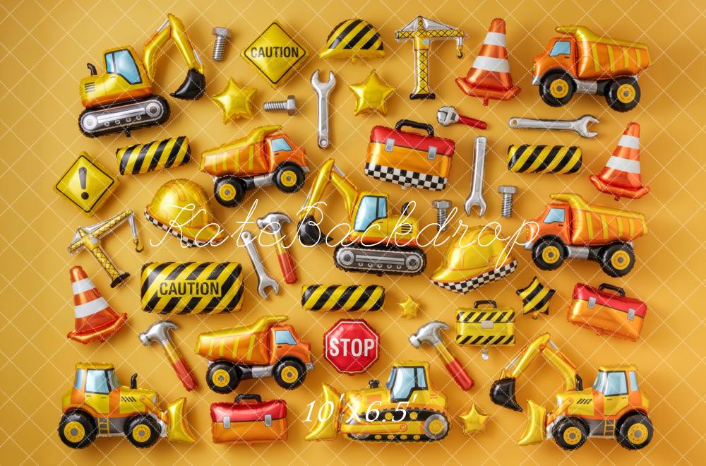 Kate Birthday Boys Construction Vehicle Balloon Wall Yellow Printed Backdrop Designed by Patty Roberts