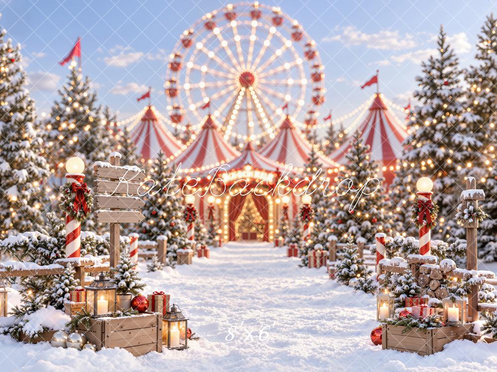 Kate Christmas Circus Ferris Wheel Snowy Trees Printed Backdrop Designed by Emetselch