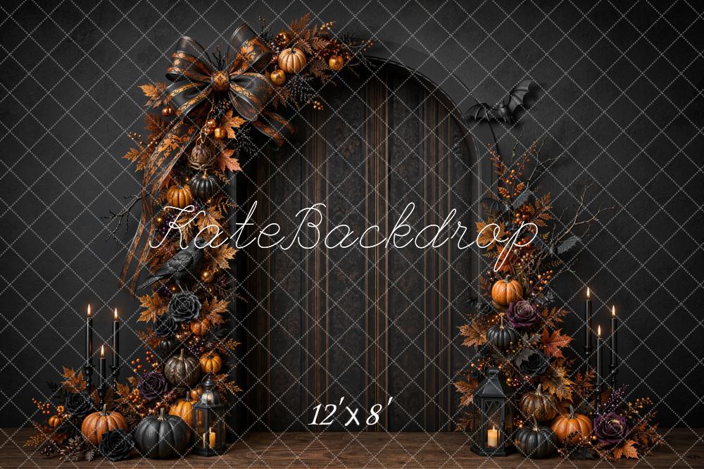 Kate Halloween Black Bow Pumpkin Arch Door Candlelight Gothic Printed Backdrop Designed by Emetselch