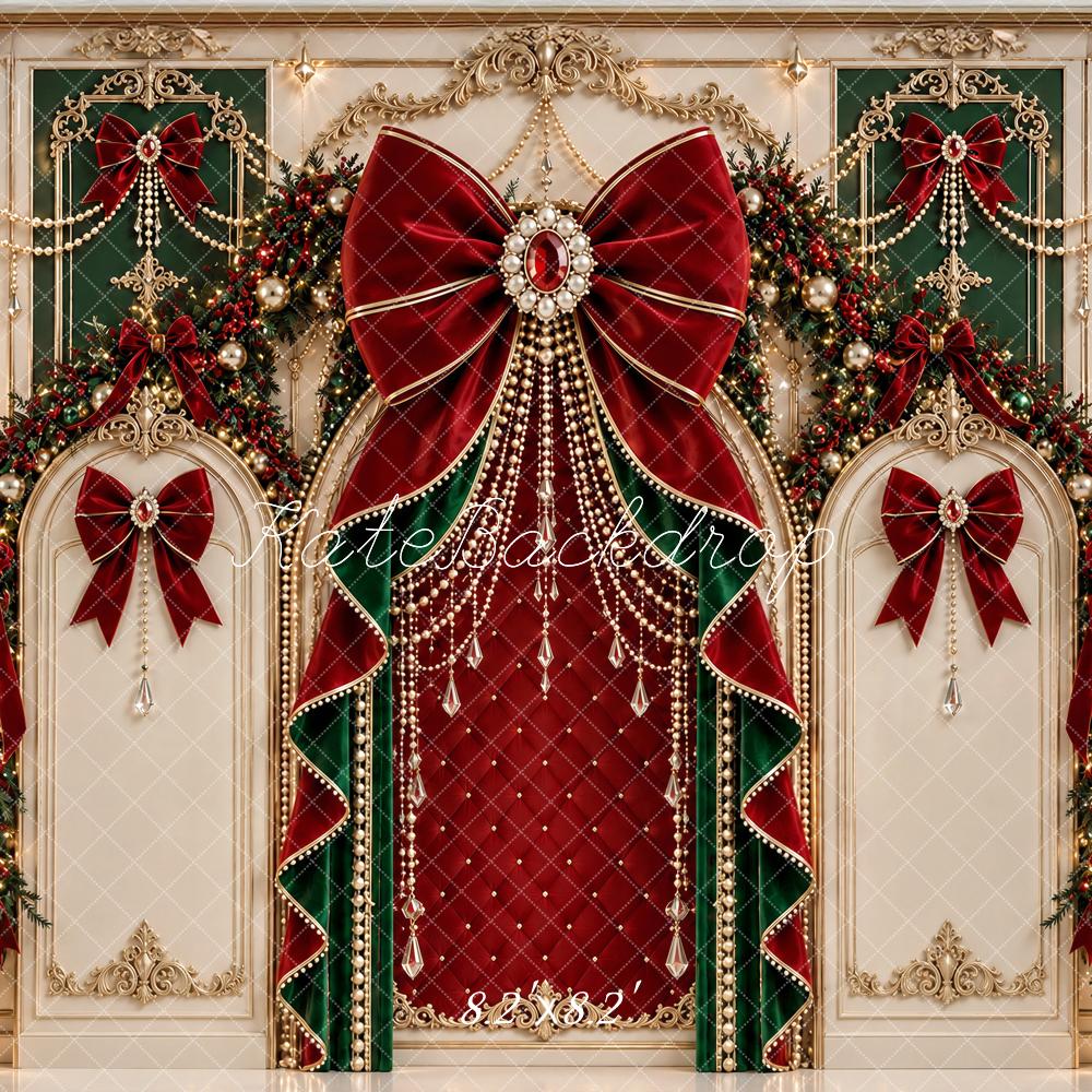 Kate Christmas Baroque Red Bow Wreath Ornate Printed Backdrop Designed by Ashley Paul