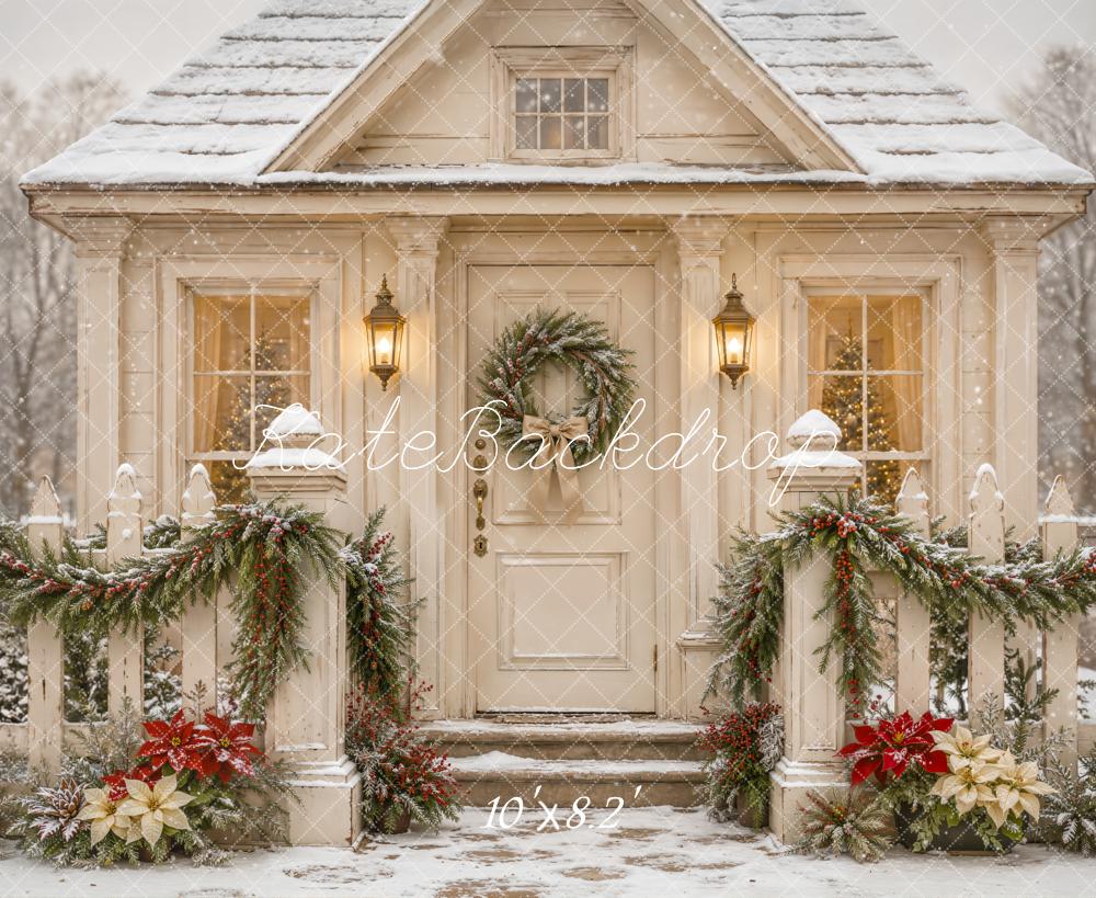 Kate Christmas White Cottage Snow Garland Wreath Printed Backdrop Designed by Emetselch