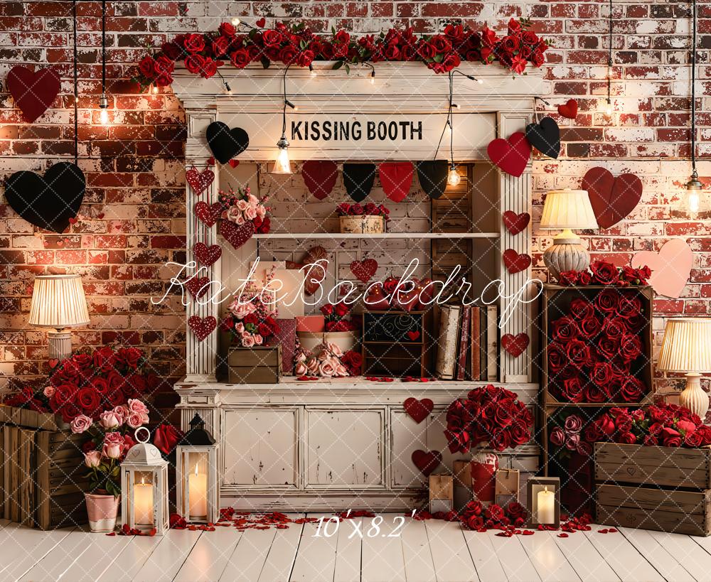 Kate Valentine's Day Kissing Booth Red Roses Brick Wall Backdrop Designed by Emetselch