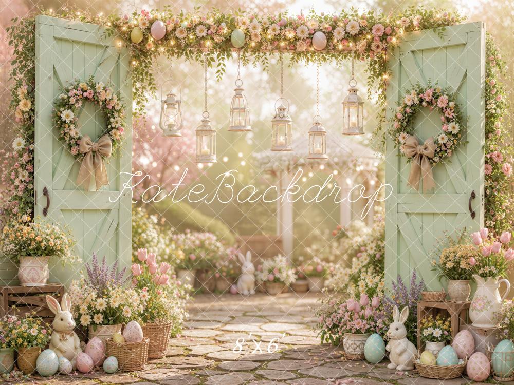 Kate Easter Spring Mint Green Door Floral Bunny Garden Printed Backdrop Designed by Emetselch
