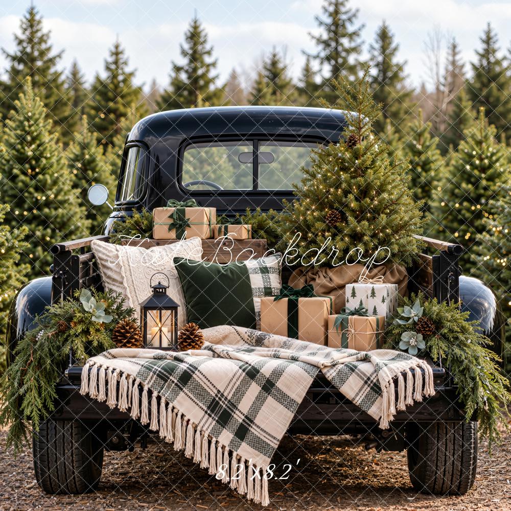 Kate Christmas Forest Vintage Black Truck Gifts Plaid Blanket Printed Backdrop Designed by Emetselch
