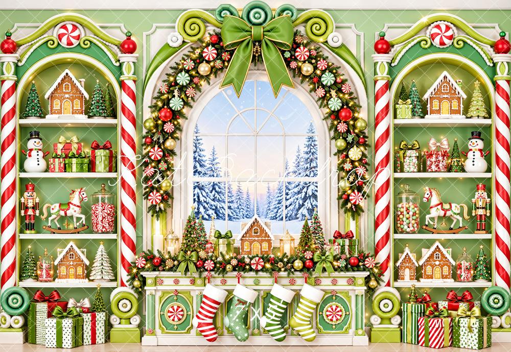 Kate Christmas Fantasy Toys Room Green Gingerbread Candy Cane Window Printed Backdrop Designed by Emetselch
