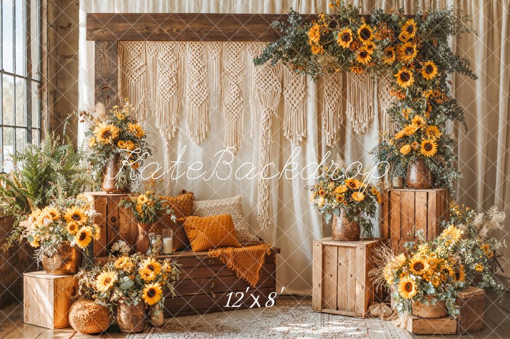 Kate Summer Boho Sunflower Flower Arch Wooden Crates Macrame Printed Backdrop Designed by Emetselch