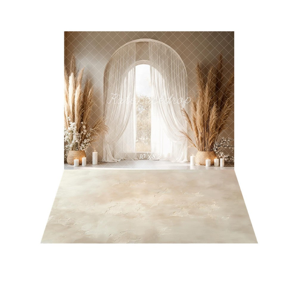 Kate Mother's Day Boho Arch Window Pampas Grass Candles Printed Backdrop+Beige Abstract Texture Printed Floor Backdrop