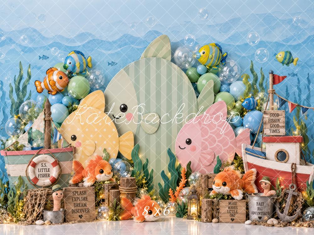 Kate Cake Smash Blue Underwater Fish Fishing Boat Printed Backdrop Designed by Laura Bybee
