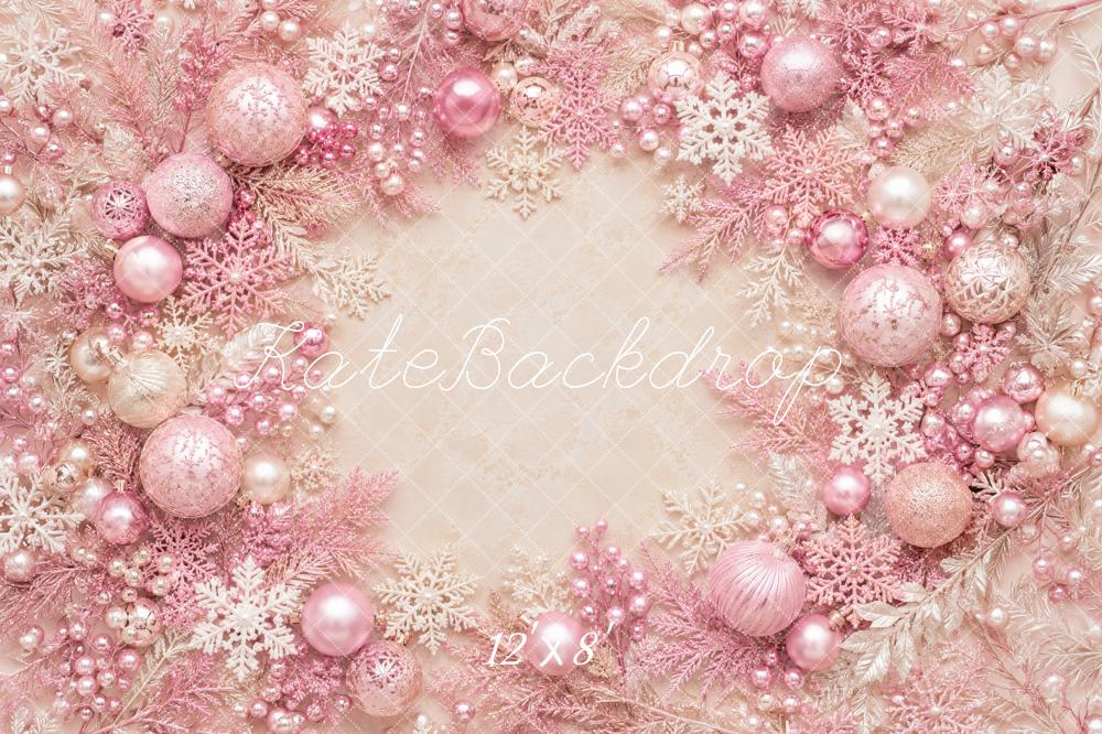 Kate Christmas Pink Ornaments Snowflakes Wreath Printed Backdrop Designed by Megan Leigh Photography