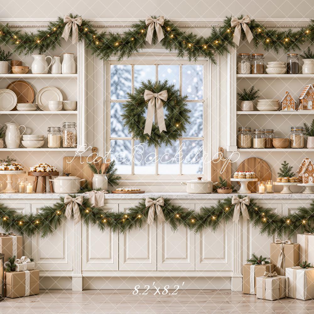 Kate Christmas Kitchen Garland Wreath Gingerbread Baking White Printed Backdrop Designed by Emetselch