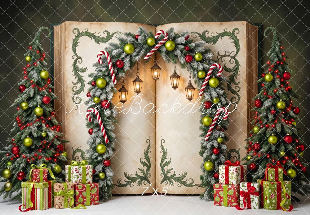 Kate Christmas Tree Fantasy Open Book Arch Candy Canes Gifts Lanterns Printed Backdrop Designed by Patty Roberts