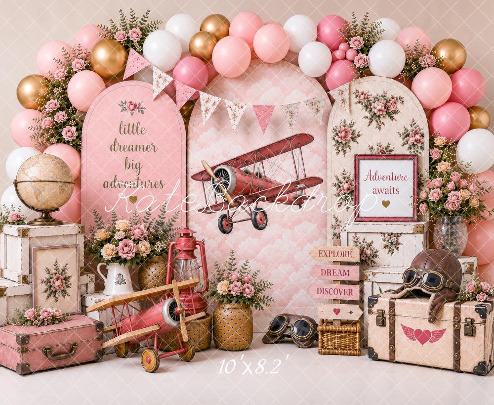 Kate Cake Smash Pink Airplane Balloons Floral Suitcases Adventure Printed Backdrop Designed by Shutter Swan Studios