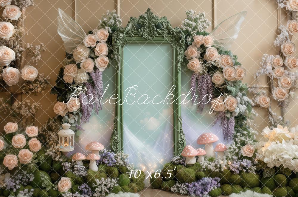 Kate Fairy Fantasy Floral Frame Arch Mushrooms Wings Backdrop Designed by Mini MakeBelieve