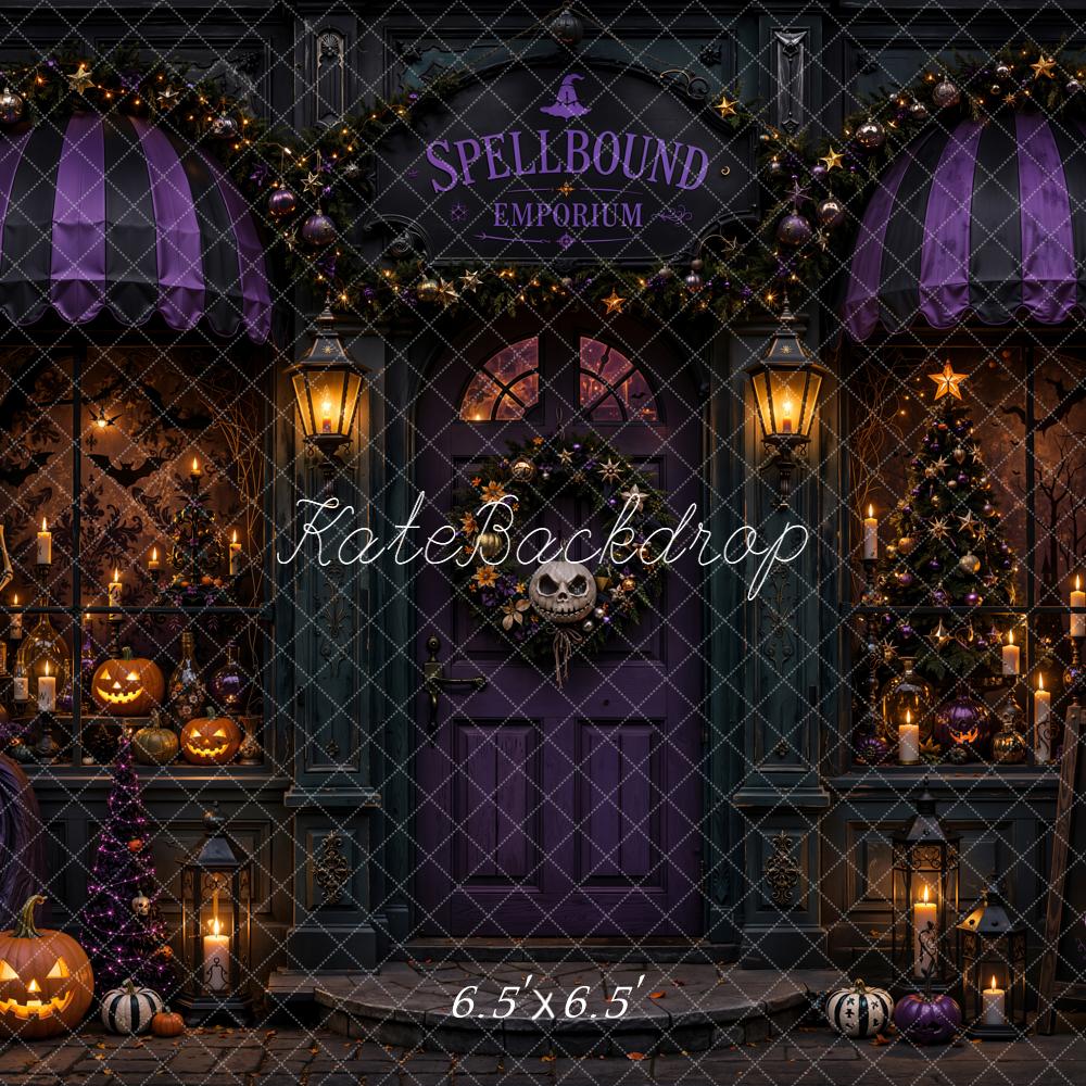 Kate Halloween Doorway Spellbound Emporium Purple Pumpkins Skeleton Candles Printed Backdrop Designed by Emetselch